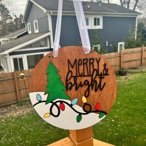 Handmade Laser Cut Christmas Door Hanger, Wood Round Sign, Merry and Bright Sign